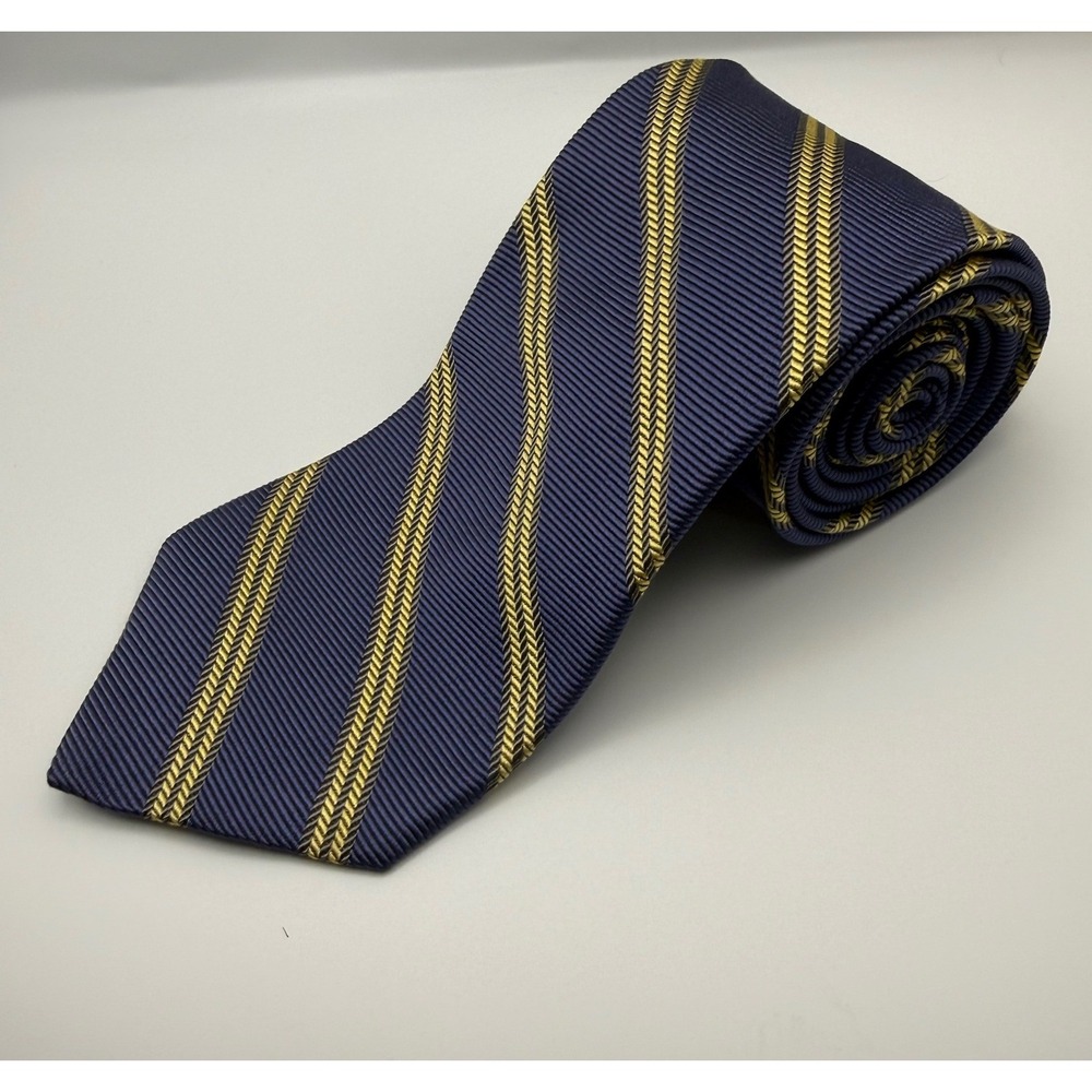 Brooks Brothers Makers Silk Tie Navy Gold Herringbone Stripe Made in USA-2464